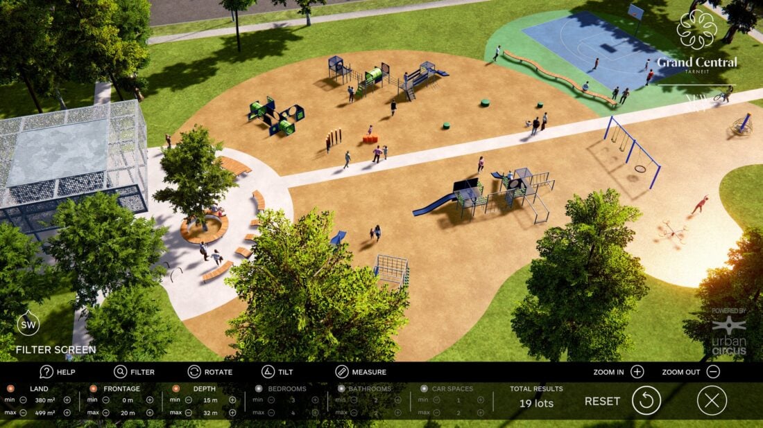 Interactive sales and engagement kiosk for property development sales internal 3D model high shot of playground
