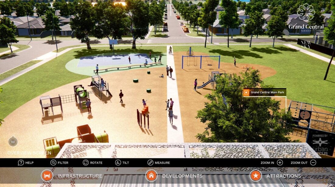 Interactive sales and engagement kiosk for property development sales internal 3D model development high shot of playground