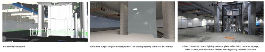 Construction planning materials approvals comparison between VR quality 'expected' and provided on right noting lighting patterns, reflectivity, textures, materials, signage, video screens, realism.