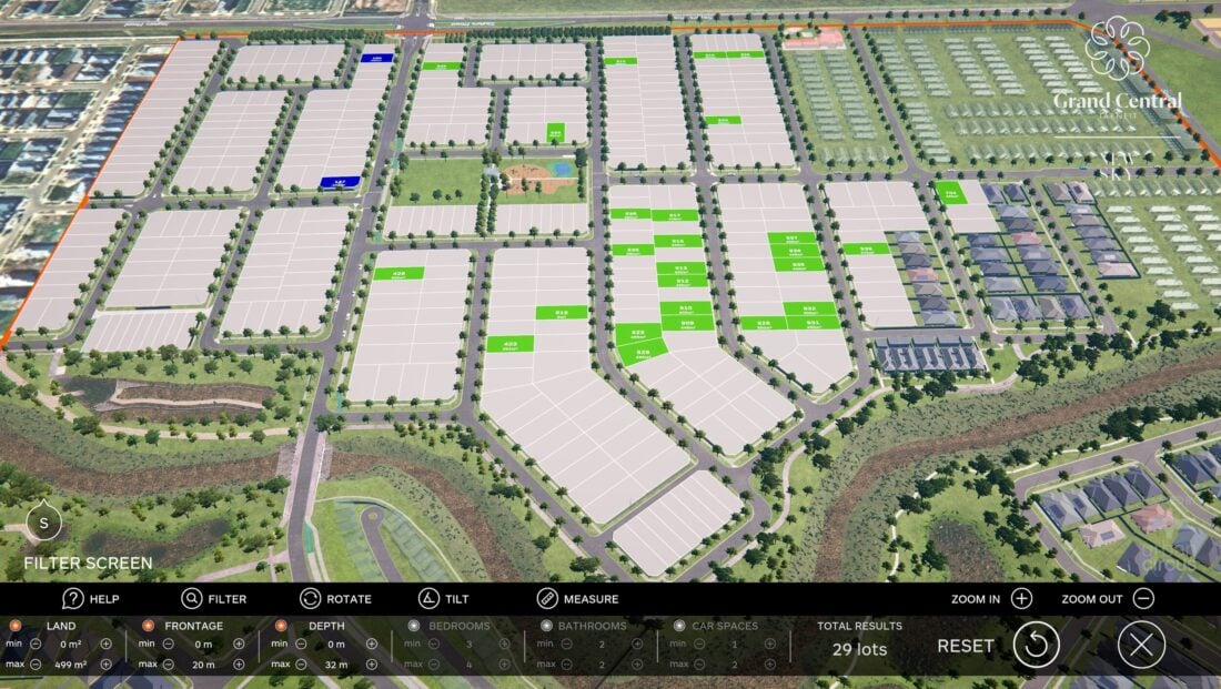 Interactive sales and engagement kiosk for property development sales internal 3D model development area overview showing lots and availability