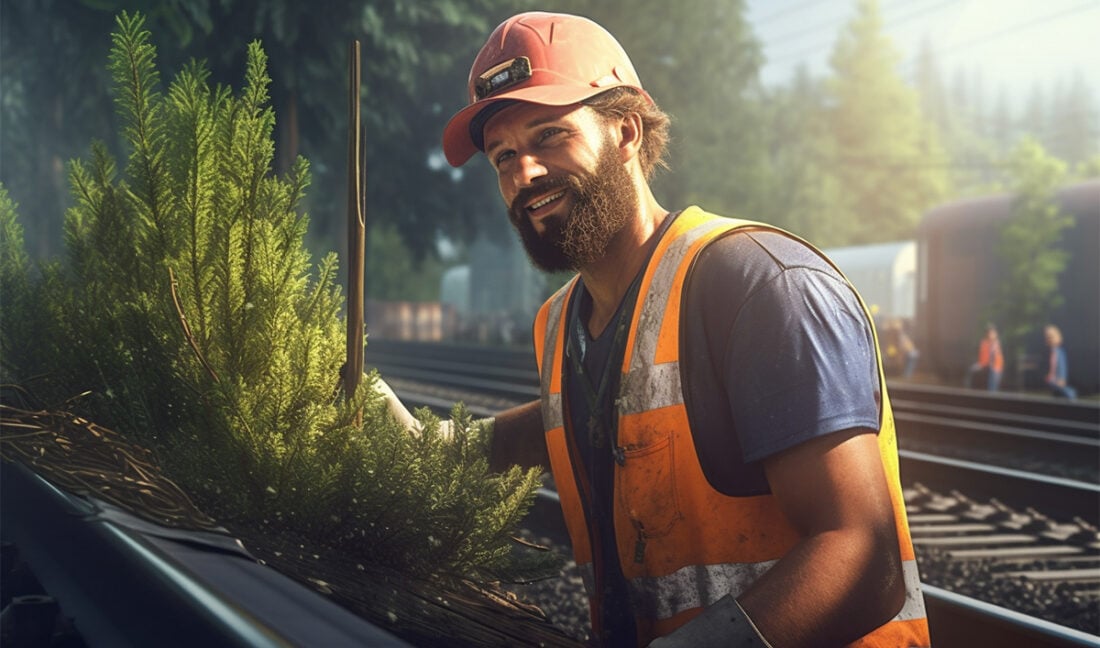 Worker beside track carrying out railway vegetation clearance
