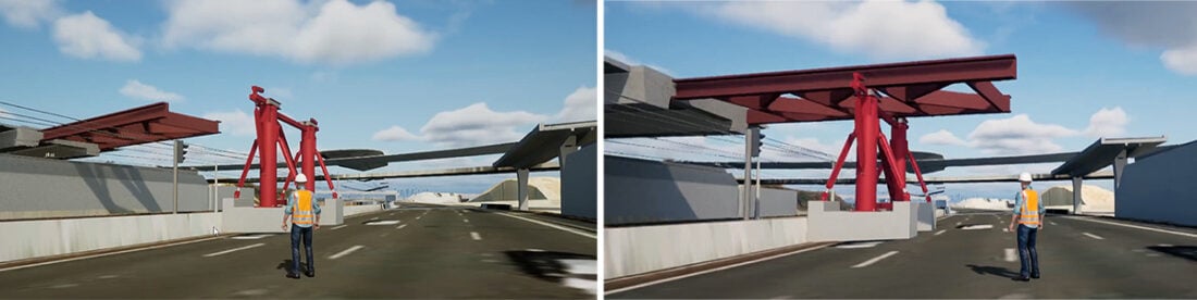 A bridge launching machine positioning prefabricated bridge segments.