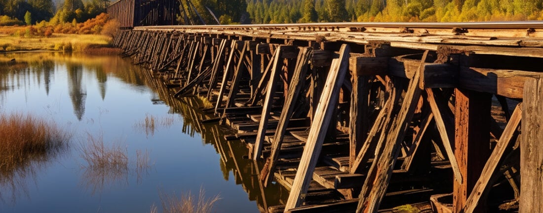 Old train trestle bridge made of timber.