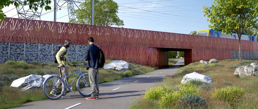 Simulation of an underpass with an overhead train.