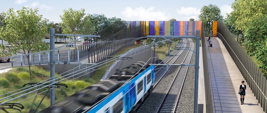 Example of a pedestrian bridge over train tracks