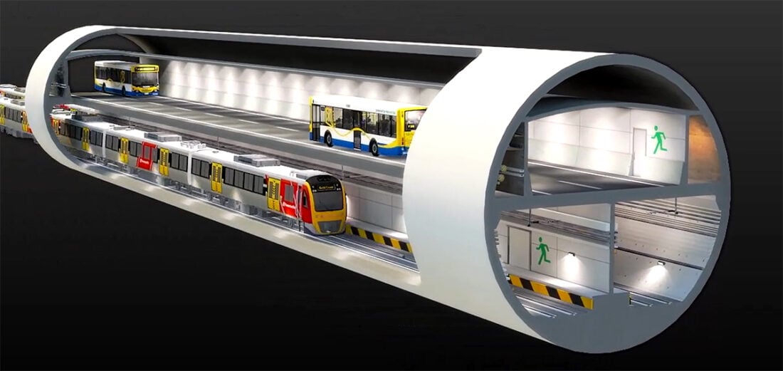 Digital simulation depicting bus and railway tunnel clearance.