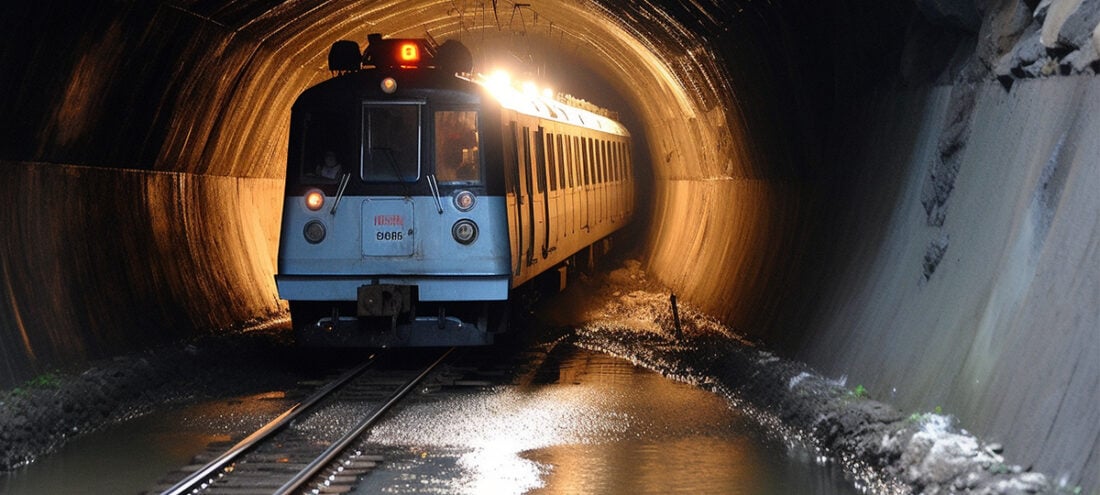 Train in a flood risk tunnel