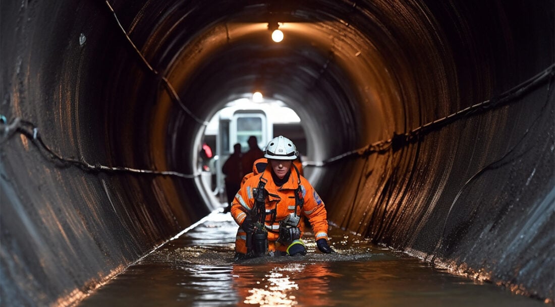Floodwater rescue training in tunnel