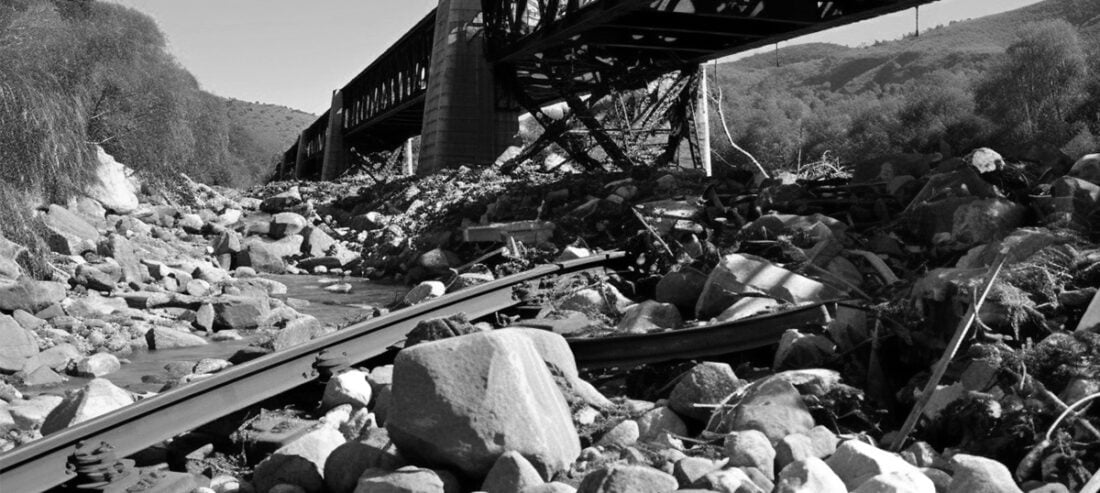 A railroad bridge disaster resulting in major damage.