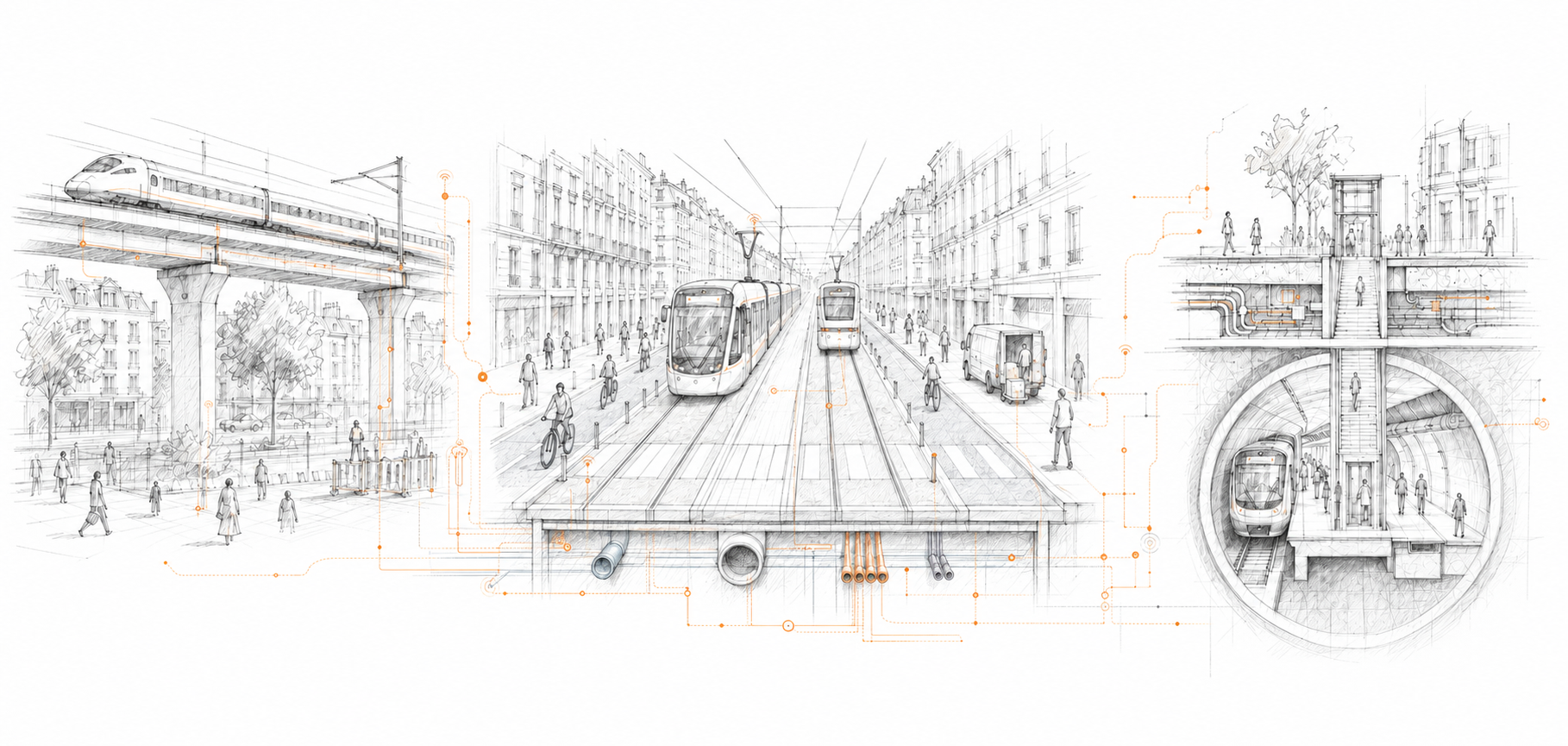 Human-centred integrated urban transport showing high-speed rail, two-way light rail, walking, cycling, electric delivery vehicles and underground utilities.